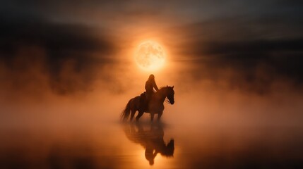 The ethereal silhouette of a horse and rider glides over a reflective water surface under a glowing full moon, creating a scene rich with mystery and serene beauty.