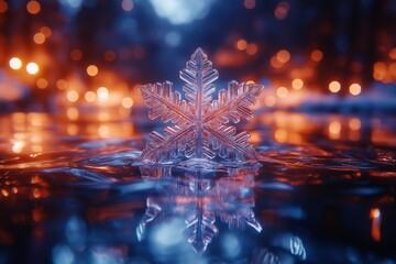 Intricate snowflake with a crystalline pattern, reflecting warm bokeh lights on a blue surface
