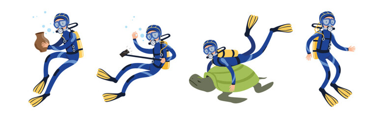 Diving Man Character in Blue Suit with Flippers Vector Set