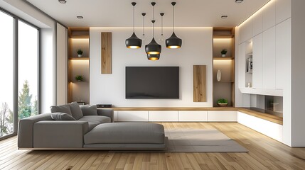 Fototapeta premium Modern Interior of Stylish Living Room ,Wall Mock Up, Frame , Poster with Beautiful Background, 3d render