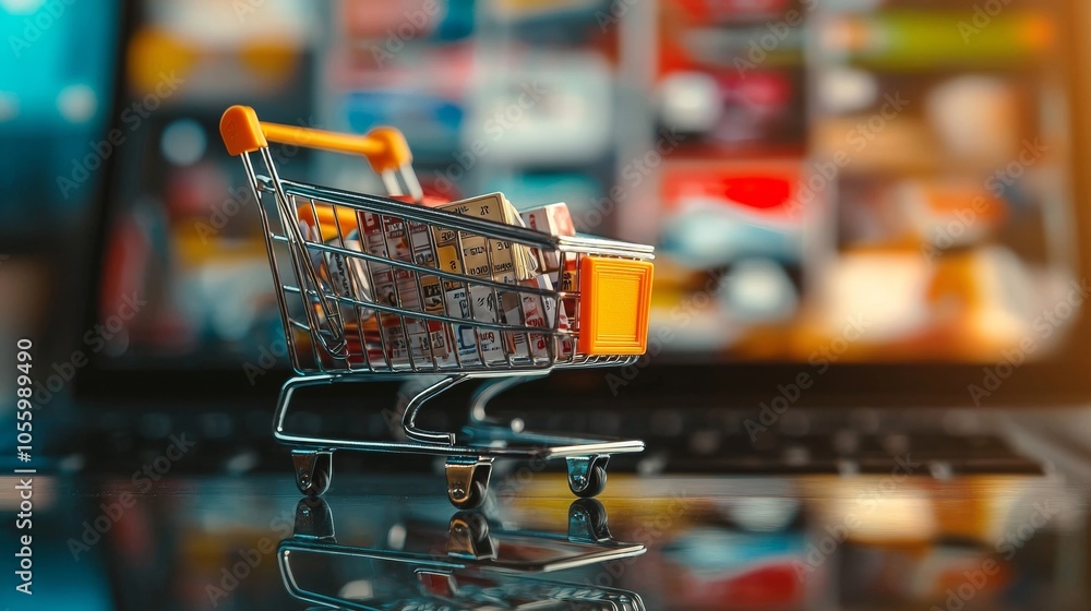 Poster miniature shopping cart with products in front of online store display