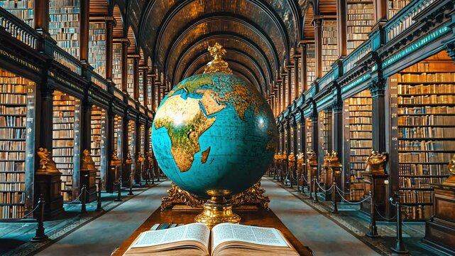 Explore the Stunning Library With a Grand Globe at Trinity College in Dublin, Showcasing Historical Architecture and Endless Books