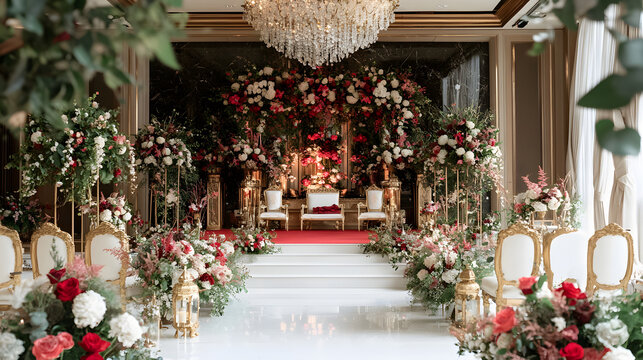 grand Jaimala ceremony with beautifully decorated floral arrangements