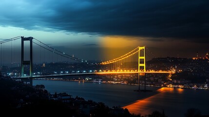 Fototapeta premium Glowing Bridge Spanning a River at Dusk