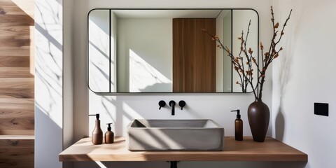 Modern minimalist bathroom, rectangular sink, wooden vanity, large mirror, textured white walls, branch decor, oval wall art, neutral tones, sleek design, contemporary aesthetic, spa-like atmosphere, 