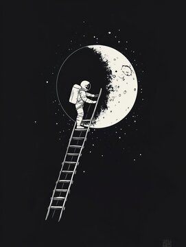 Surreal Illustration of Astronaut Climbing Ladder to Half-Lit Moon in Space