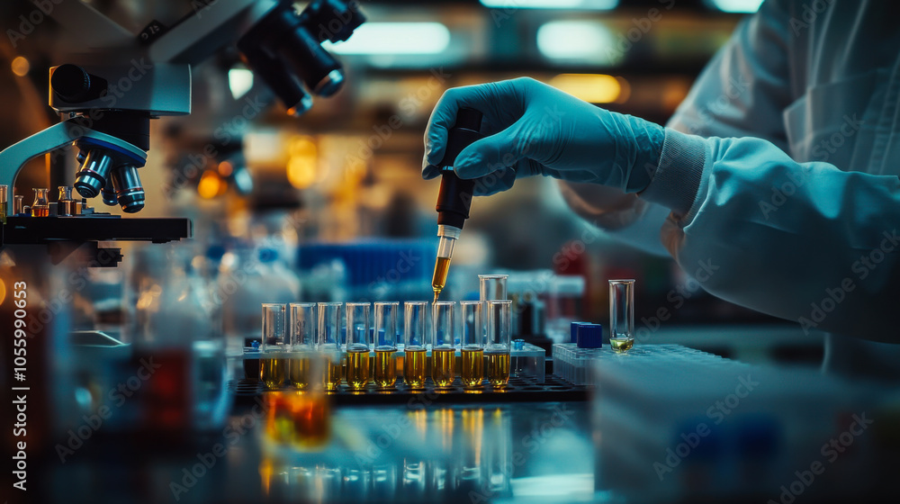 Poster a scientist carefully pipetting liquid samples into test tubes within a busy laboratory setting duri