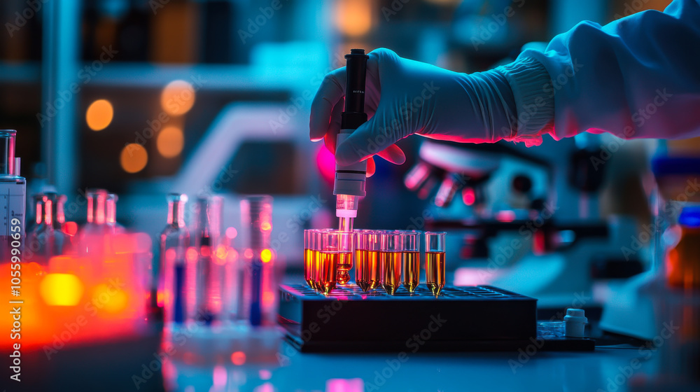 Poster a scientist carefully pipetting liquid samples into test tubes within a busy laboratory setting duri