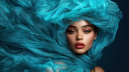 An enchanting image of a woman wrapped in luxurious turquoise fabric, her expressive gaze and striking red lips creating a perfect blend of beauty and allure.