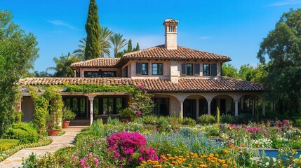 luxurious mediterranean estate surrounded by lush gardens, featuring elegant architecture, tiled roofs, and vibrant flowers, under a clear blue sky, evoking a sense of opulence and relaxation