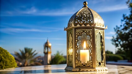 Obraz premium ornamental arabic lantern with burning candle glow 