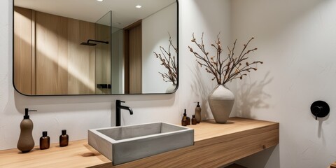 Modern minimalist bathroom, rectangular sink, wooden vanity, large mirror, textured white walls, branch decor, oval wall art, neutral tones, sleek design, contemporary aesthetic, spa-like atmosphere, 