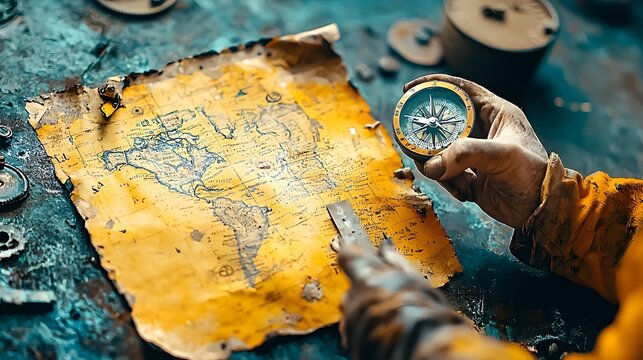 A confused traveler stands in a remote outdoor setting holding an upside down vintage map and a malfunctioning compass