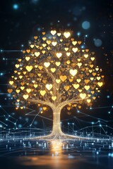 Golden Digital Tree of Hearts Glowing with Light and Energy, Symbolizing Connection, Technology, and Love in a Futuristic Network Environment