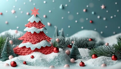 Obraz premium Merry Christmas holiday design, paper cut out Xmas tree toy decoration with snowflakes, snow on blue background for greeting card, creative Christmas, snow-themed art, banner, poster, 