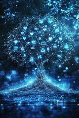 Digital Technology Tree with Floating Network Icons and Data Connections