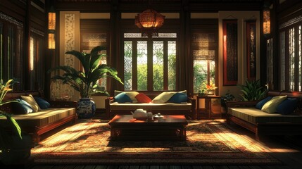 Thai-style living room with dark wood furniture, low seating, and simple, vibrant cushions for cultural charm.