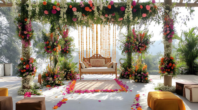 beautifully decorated mandap with bright floral arrangements and vibrant colors, creating joyful
