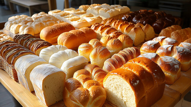 Many types of bread lined up on display