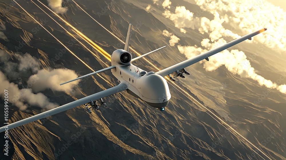Aufkleber A high altitude drone equipped with a state of the art laser based missile defense module its beams locking onto a target in mid air