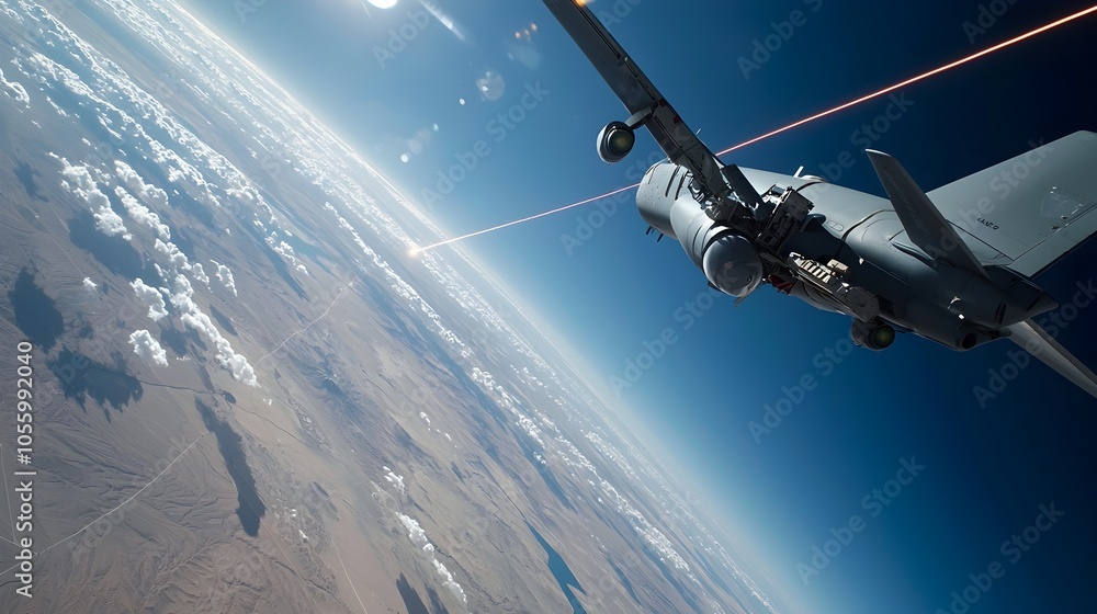 Poster a high energy laser system mounted on a military aircraft engaging an incoming missile in clear airs