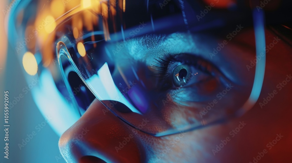 Poster a blurred closeup of a users face as they peer through the vr headset fully immersed in a virtual ex