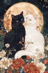 Illustration of Black and White Cats Sitting Together with Floral Motif and Full Moon Background