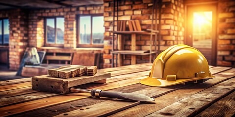 Vintage Style Bricklaying Tools: Trowel, Helmet, and Bricks in Rustic Setting