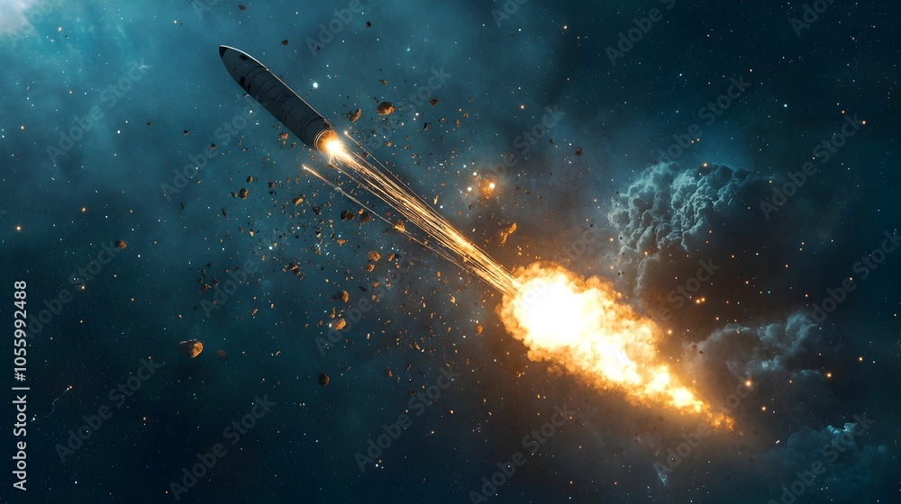 Poster A powerful kinetic kill vehicle intercepting and destroying a ballistic missile in the upper atmosphere creating an explosive burst of bright debris and energy