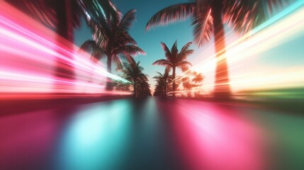 A stunning tropical scene featuring palm trees silhouetted against a mesmerizing sky lit by colorful neon light trails, creating a futuristic atmosphere.