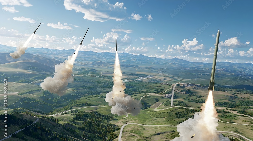 Poster A simulation showcasing a sophisticated missile defense system intercepting and neutralizing multiple aerial threats simultaneously in a dramatic mid flight display of military technology and