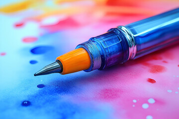 A colorful pen rests on a vibrant watercolor background, showcasing bright hues of pink, blue, and orange, perfect for artistic creations.