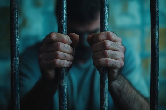 Close up of prisoner hands behind bars symbolizing justice, law, crime, and the quest for freedom