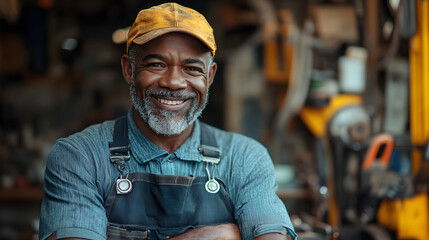 Portrait of a cheerful craftsman wearing a yellow cap and overalls, standing confidently in his workshop surrounded by tools and machinery.