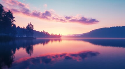 Fototapeta premium Still Lake with Dawn Colors in Calm Atmosphere