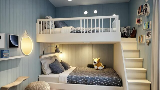 Cozy children's bedroom with bunk beds, soft lighting, and playful decor.