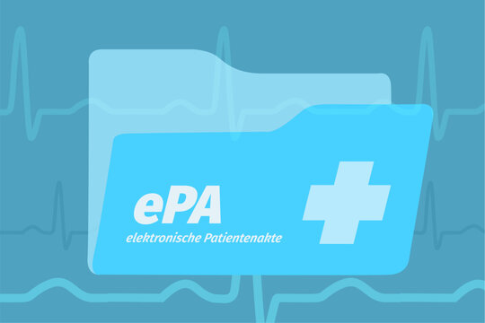 Visualisation of the new unified German "elektronische Patientenakte ePA" (electronic patients record) with a file folder and ECG waves
