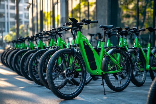 Green electric bicycles for rent in city center parking lot  eco friendly transportation options