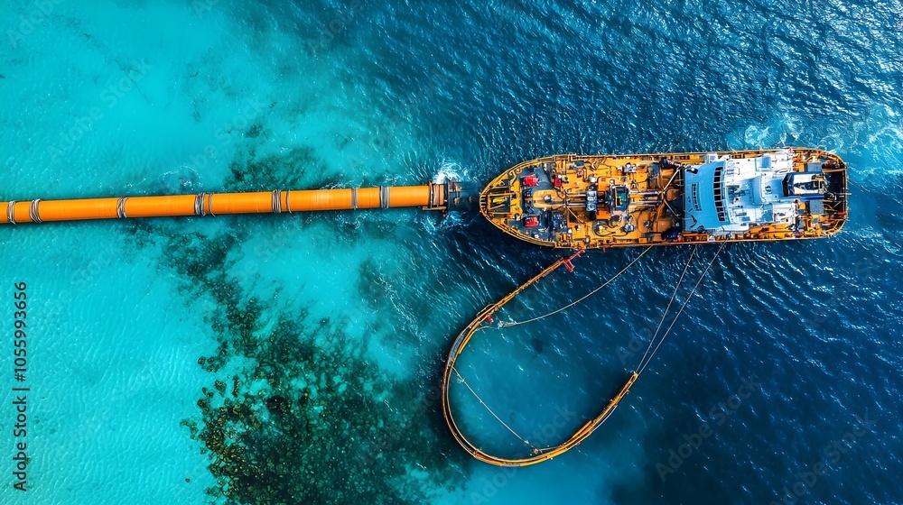 Aufkleber aerial perspective showcasing the intricate process of laying an undersea pipeline across the vast t
