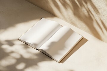 open magazine mockup, close up, high angle view, beige background