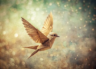 Fototapeta premium Vintage Style Photography of an Intricate Paper Bird in Flight with Detailed Wings and Elegant Design for Nature
