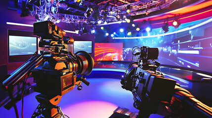 Professional broadcast cameras capturing a live production in a colorful and high-tech TV studio with vibrant lighting and digital screens.