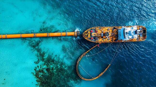 Aerial perspective showcasing the intricate process of laying an undersea pipeline across the vast turquoise ocean floor by specialized vessels and equipment
