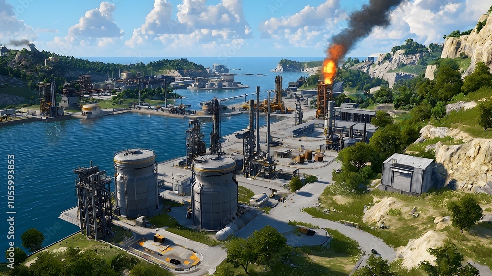 Poster aerial view of a massive oil depot in a bustling harbor city with an extensive network of pipelines 