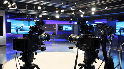 High-end cameras set up in a sleek and modern news studio with bright lighting and digital screens, ready for a live broadcast.