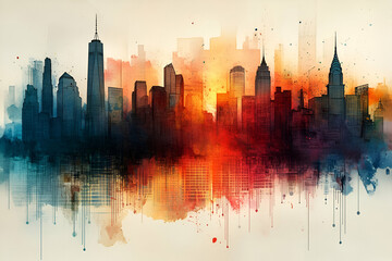 Fototapeta premium A vibrant watercolor city skyline at sunset, showcasing towering buildings with a blend of warm and cool colors.