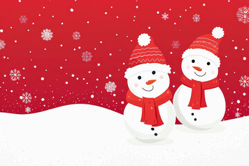 Traditional Christmas greeting card with playful snowmen on a bright red background