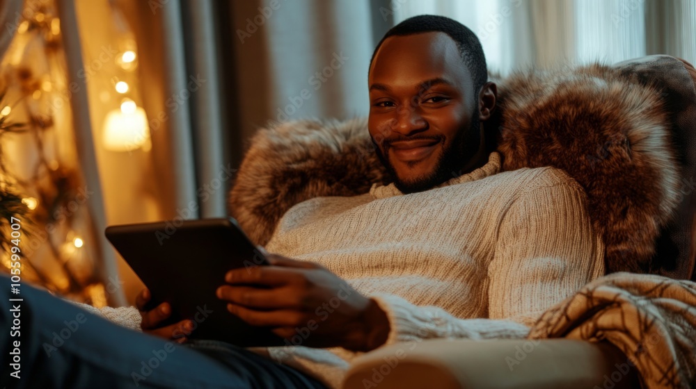 Aufkleber A man relaxes in a comfortable armchair, smiling as he reads on an e-reader while surrounded by warm, inviting decor. The room features soft lighting and a cozy ambiance typical of winter evenings.