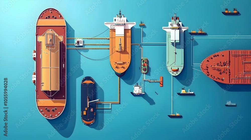 Fototapete aerial view of massive oil tankers moored at a marine terminal with floating pipelines extending tow