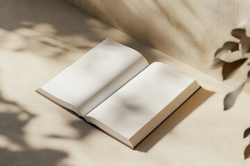 open magazine mockup, close up, high angle view, beige background